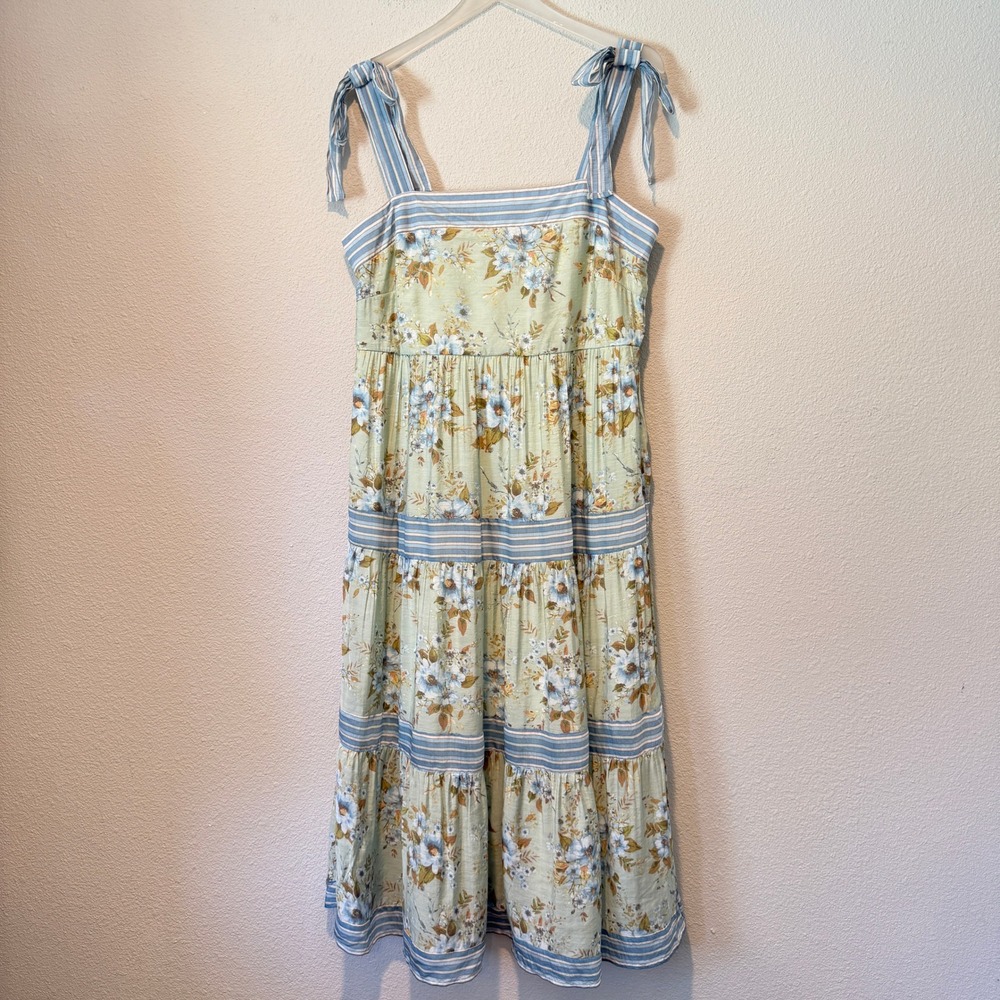 Sweet Wanderer Floral Tiered Midi Dress Sage Blue Striped Tie Shoulder CR1953CRS